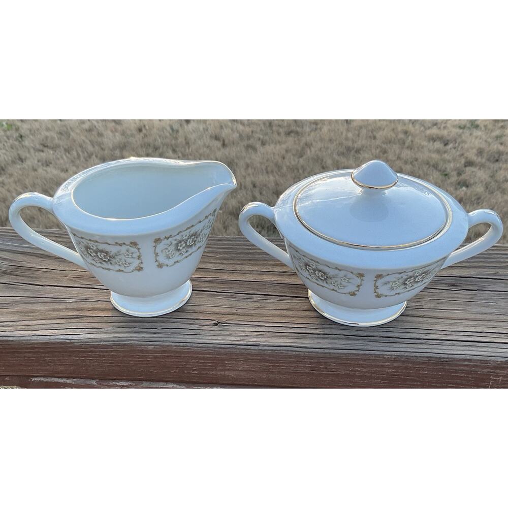 Happy Home China Elegance Creamer Sugar Bowl White Flowers W/ Scrolls